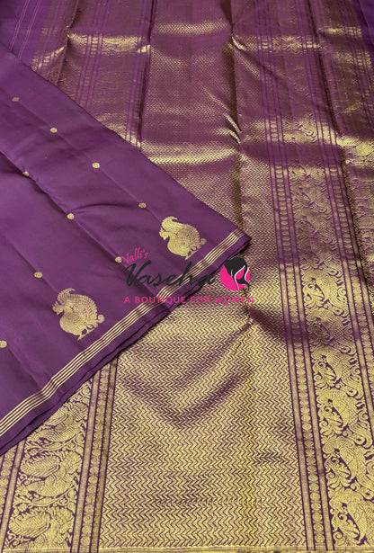 Pure Kanchipuram Silk Saree - Mayil Butta Border - Purplish Wine Shade - VVPS006