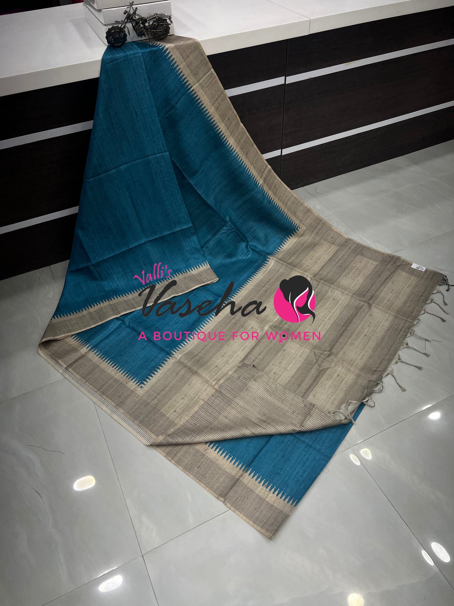 Semi Matka Tussar  Saree - Grey & Ramar Blue Shade - VVSMT002