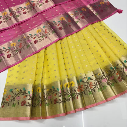Unstitched - Lehenga Material - Zari Kota Tissue - Yellow & Pink - VVULM001