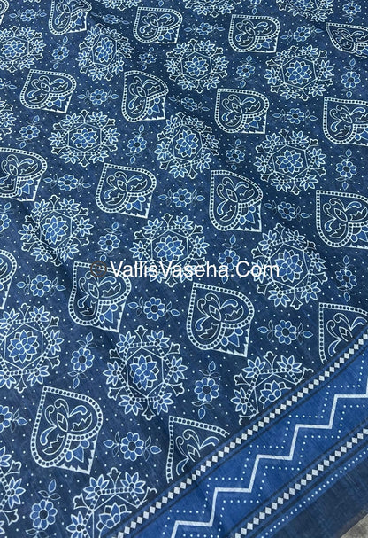 Linen Mixed Cotton Saree - Indigo Blue - Printed - VVLMP001