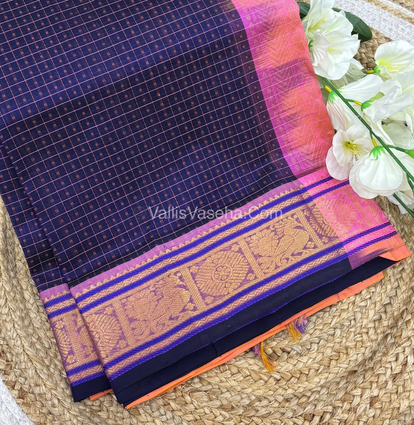 Pure Silk Cotton Saree - Navy Blue￼With Peachish Pink Shade - Lakshadeepam Design - VVPLD001