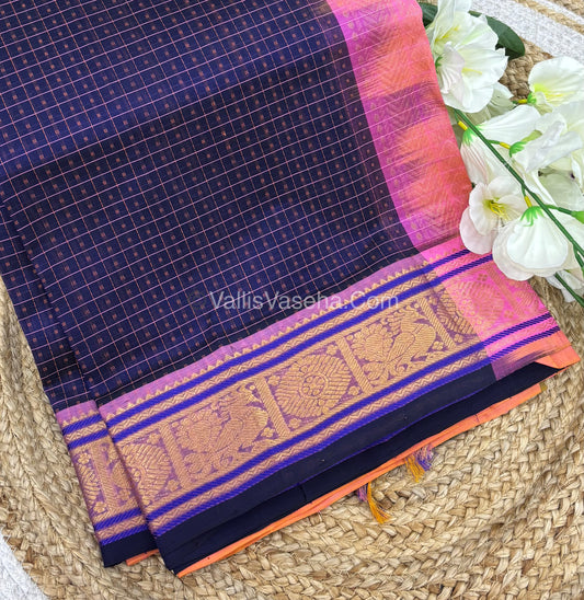 Pure Silk Cotton Saree - Navy Blue￼With Peachish Pink Shade - Lakshadeepam Design - VVPLD001