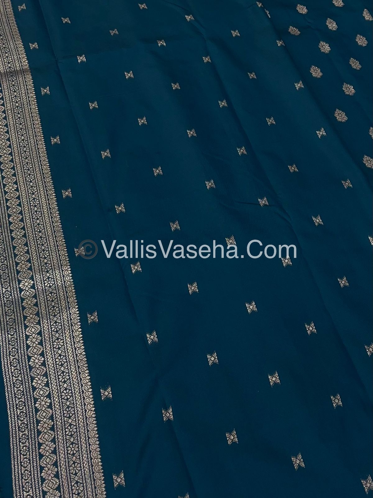 Semi Soft Silk - Peacock Butta Border - Dark Peacock Blue Shade -VVSSS014