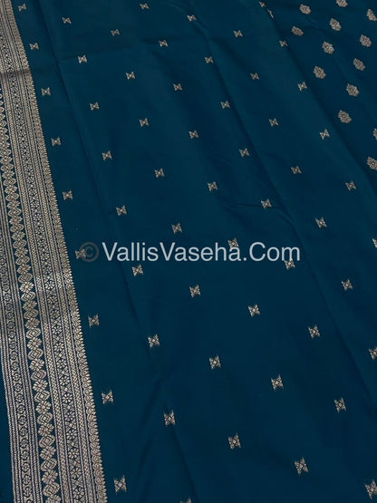 Semi Soft Silk - Peacock Butta Border - Dark Peacock Blue Shade -VVSSS014