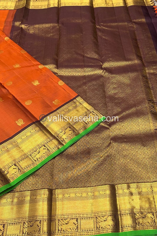 Pure Kanchipuram Silk Saree - Rust Orange & Wine Brown Shade  - VVPS022