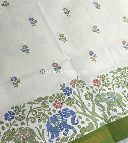 Semi Tussar / Semi Chappa Silk |Peacoak Design | - Cream & Green Combo - VVSTS018