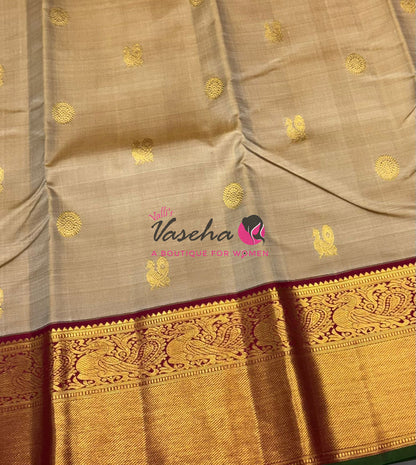 Pure Vintage Korvai Kanchipuram Silk Saree - Chikku & Maroon Combo - VVPS038