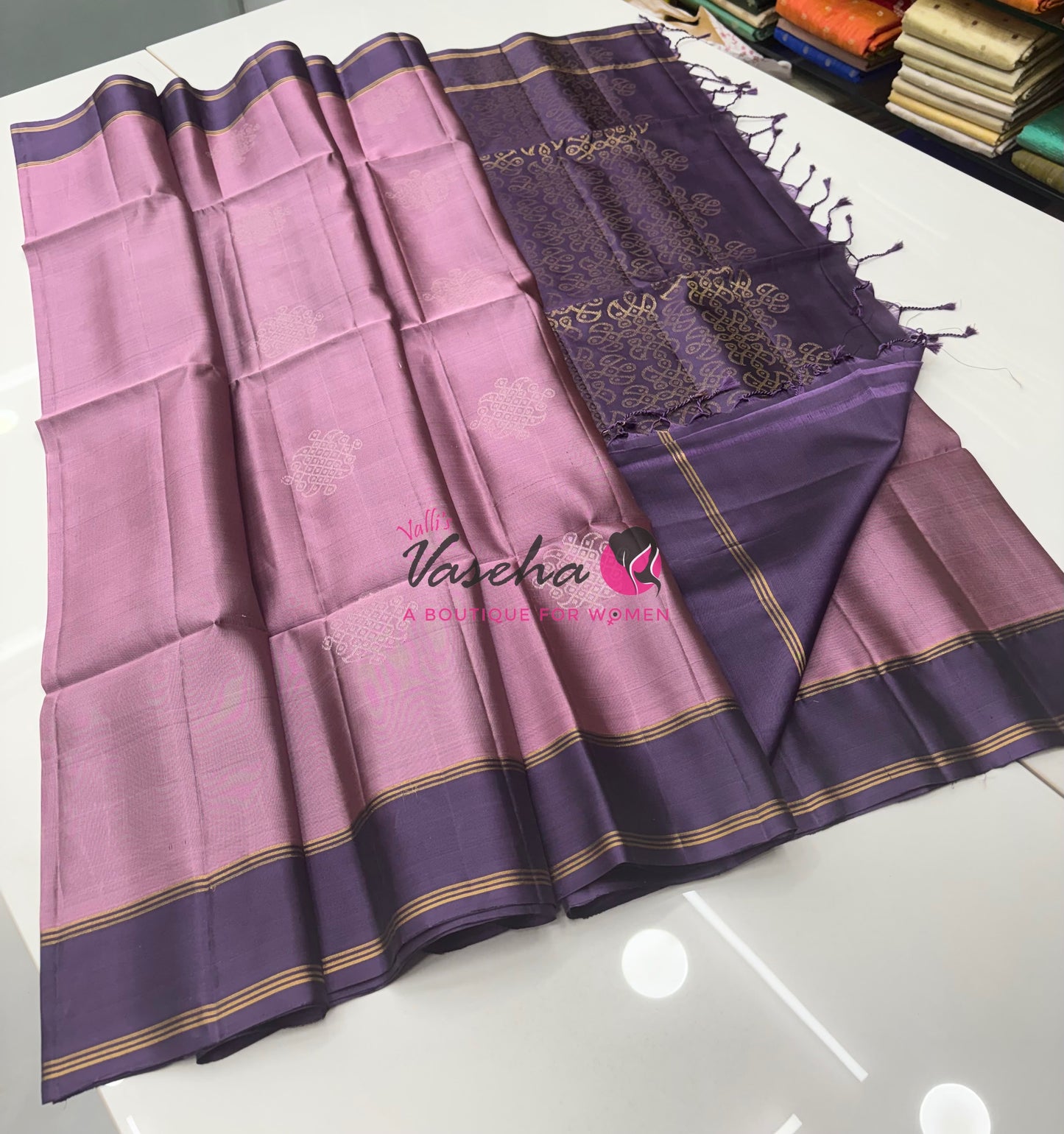 Pure Soft Silk Saree - (1.75 Warp) Kolam Design - Shade Of Onion Pink & Purple Shade - VVPSS074