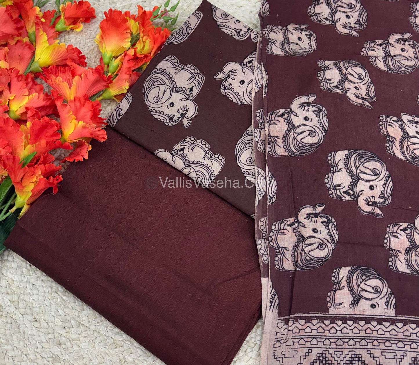 Unstitched Salwar Material -Kalamkari & Raw Silk - Wine Shade  - VVUSM018