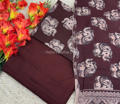 Unstitched Salwar Material -Kalamkari & Raw Silk - Wine Shade  - VVUSM018