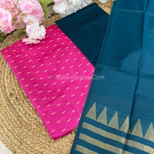 Unstitched Salwar Material -Raw Silk - Pink with Blue Shade - VVUSM004