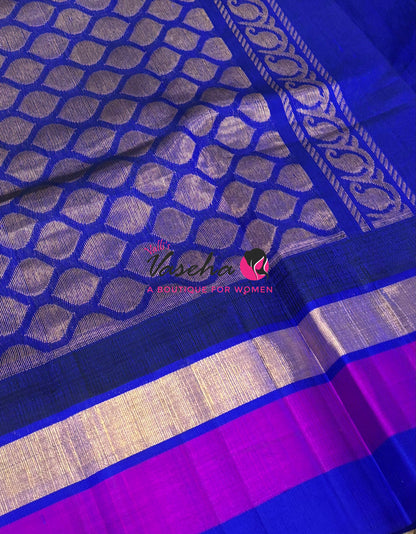 Pure Korvai Silk Cotton Saree -  Sneha Green With Blue Shade Temple border - VVKSC001