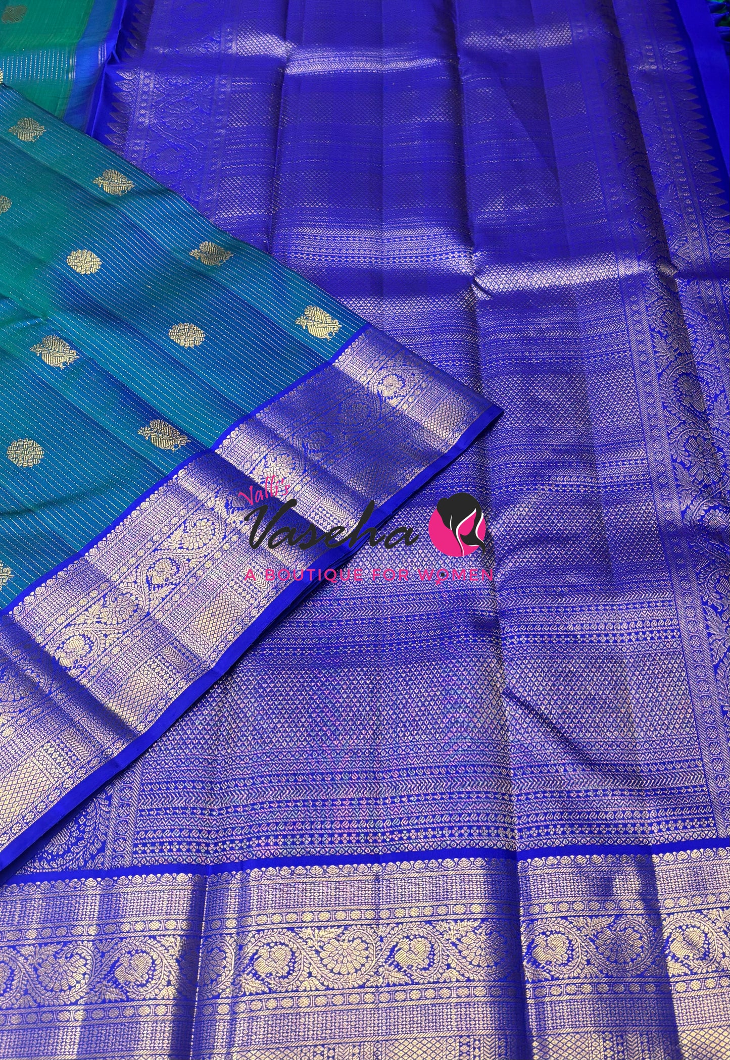 Pure Kanchipuram Silk Saree - Vairavoosi Design  - Peacock Blue & Blue Combo - VVPS059