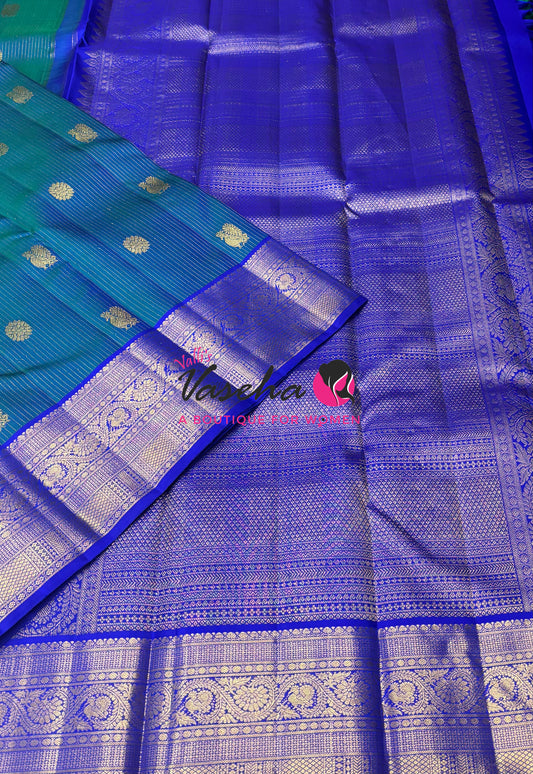 Pure Kanchipuram Silk Saree - Vairavoosi Design  - Peacock Blue & Blue Combo - VVPS059