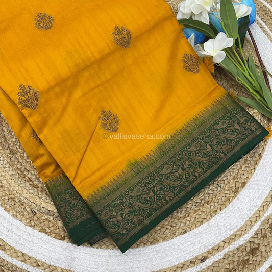 Bamboo Silk Saree - Yellow with Green Shade - VVBSS001