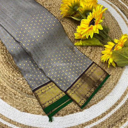 Pure Kanchipuram Silk Saree - Lakshadeepam Butta with Retta Petta Border - Grey with Brown shade - VVPS006