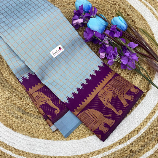 Semi Silk Saree - Kanchi Silk Style - Elephant Border - Light Ice blue with Purple - VVSSS005