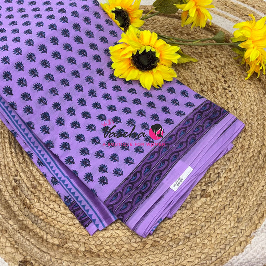 Pure Soft Mul Mul Cotton Sarees - Hand Block Prints - Light Lavendar - VVMMC009