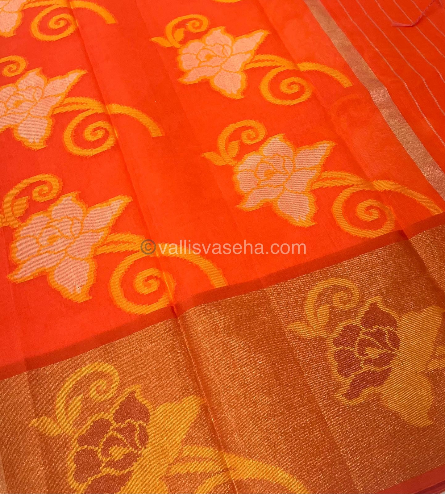 Banarasi Pochampally Weaving Semi Soft Cotton Saree - Peachish Orange with Orange - VVBPS001