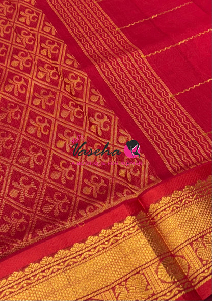 Pure Silk Cotton Saree - Mayil & Chakkaram Design - Navy Blue With Red VVMC001