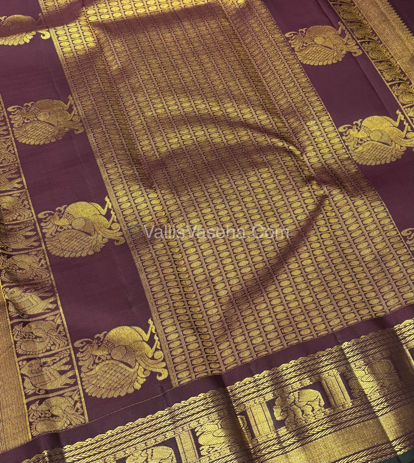 Pure Vintage Korvai Kanchipuram Silk Saree - Dual Tone Peach Gold & Wine Purplish Brown Combo - VVPS028