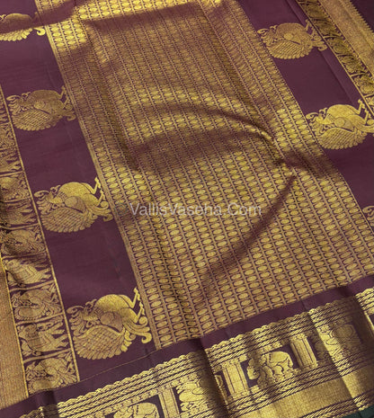 Pure Vintage Korvai Kanchipuram Silk Saree - Dual Tone Peach Gold & Wine Purplish Brown Combo - VVPS028