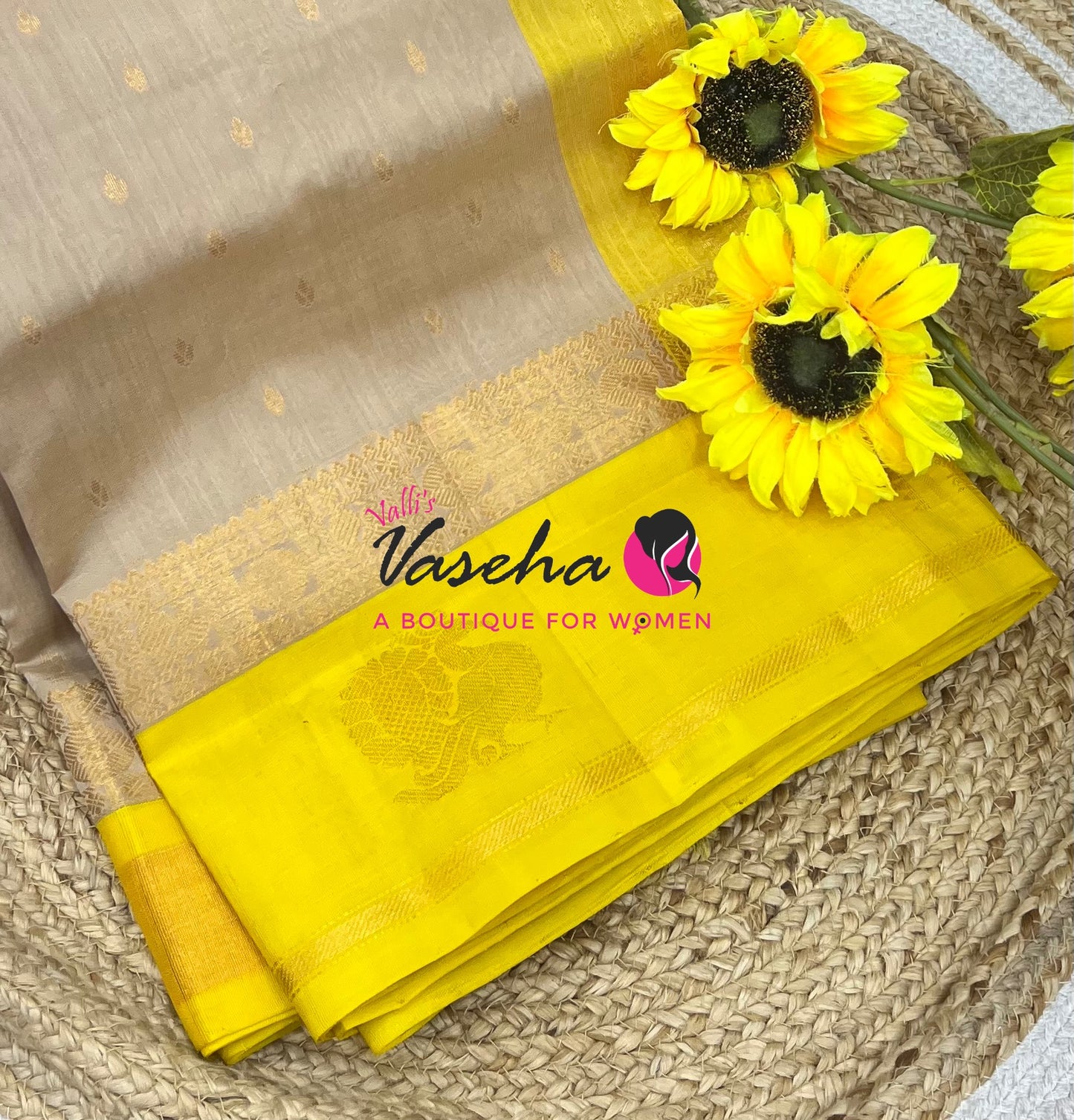 Pure Korvai Silk Cotton With Peacock Butta Border Cream With Yellow Shade - VVKSC018