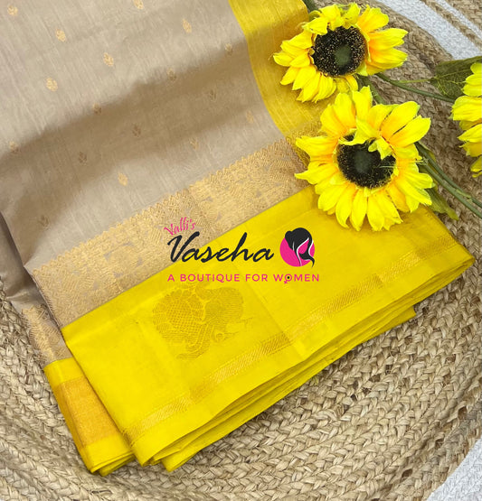 Pure Korvai Silk Cotton With Peacock Butta Border Cream With Yellow Shade - VVKSC018