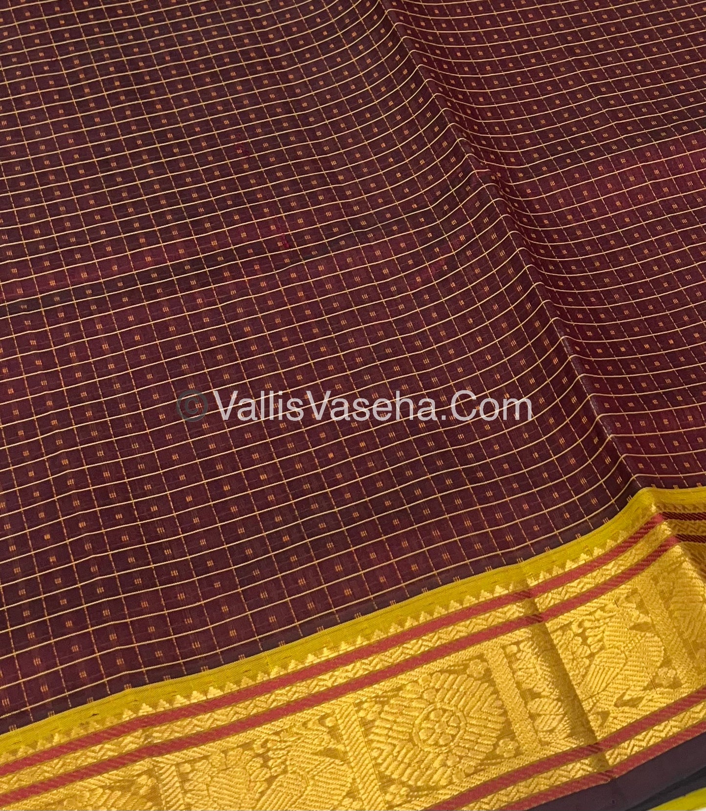 Pure Silk Cotton Saree - Brown With Lemon Yellow Shade - Lakshadeepam Design - VVPLD001
