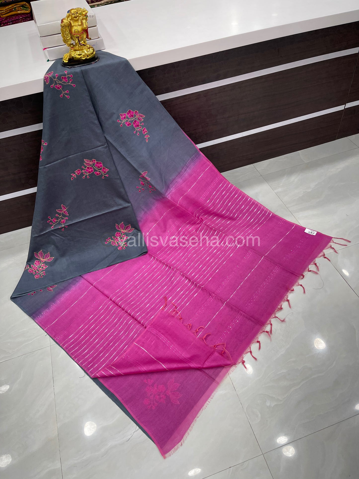 Bhagalpuri Silk - Embroidered - Grey & Pink - VVBS001