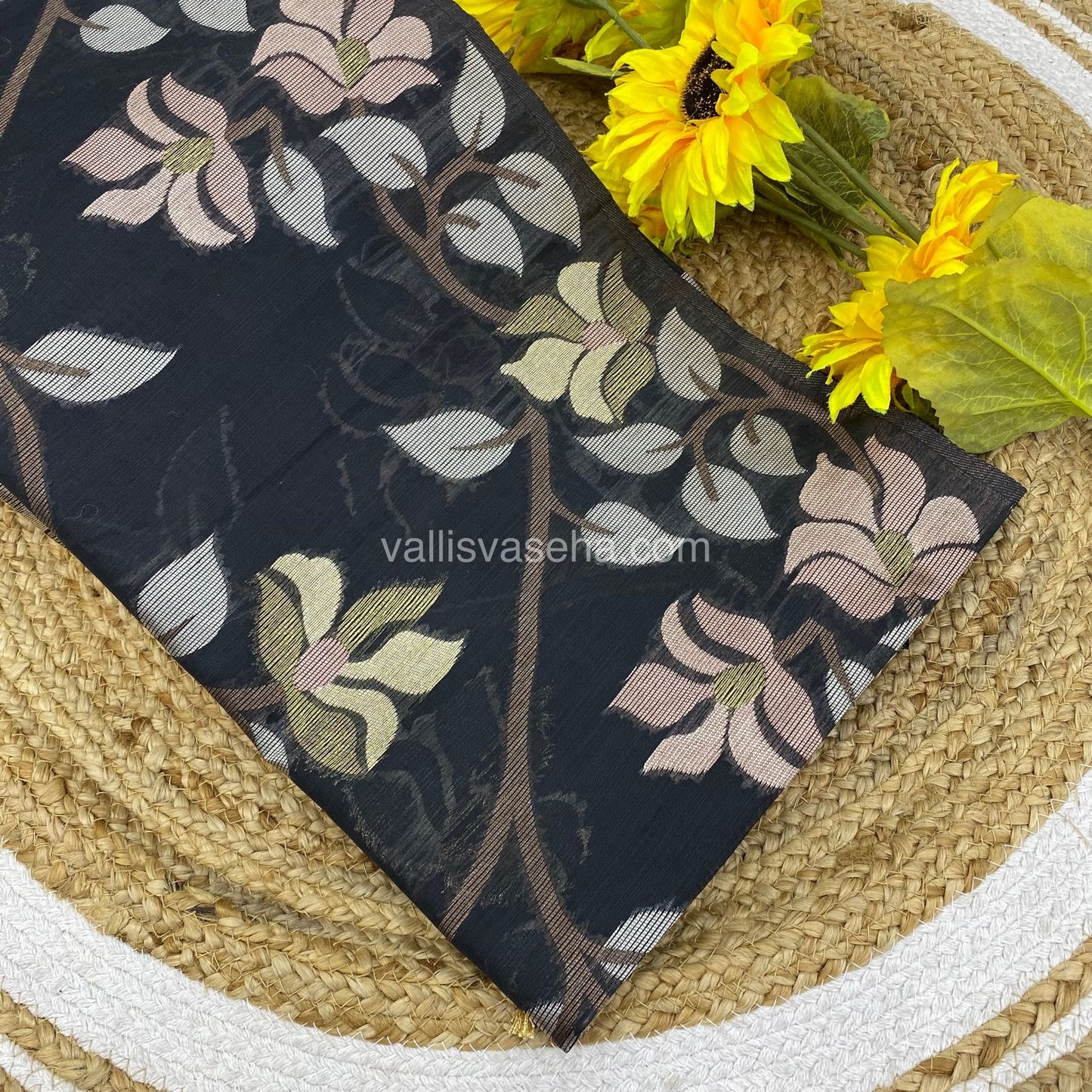 Semi Raw Silk with Jamdhani Design Weaving  - Black Shade - VVRS001