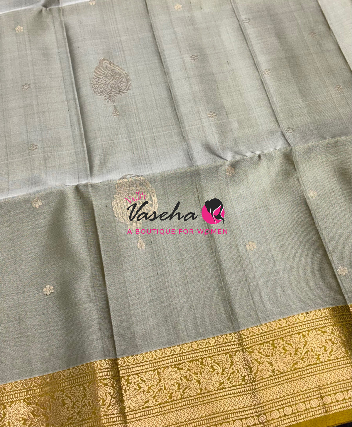 Pure Soft Silk Saree - Grey With Mustard Yellow - Velum & Mayilum - Kanchi Border - VVPSS015