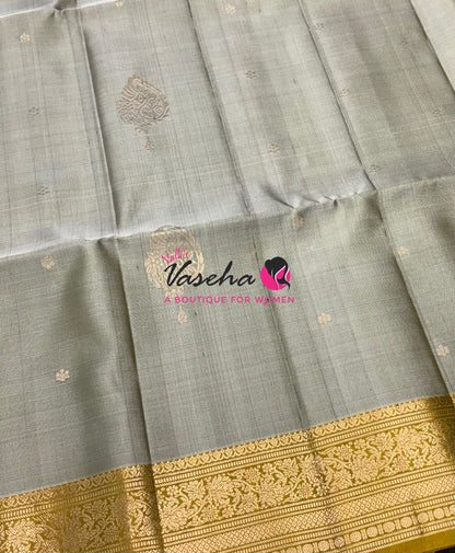 Pure Soft Silk Saree - Grey With Mustard Yellow - Velum & Mayilum - Kanchi Border - VVPSS015
