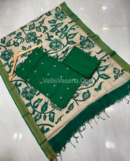 Unstitched Salwar Material -Raw Silk - Light Greenish Blue & Nizam Border Duppatta - VVUSM010