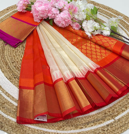 Pure Korvai Silk Cotton Saree - Half White with Orange & Pink Combo - Ganga Jamuna With Temple border - VVKSC001