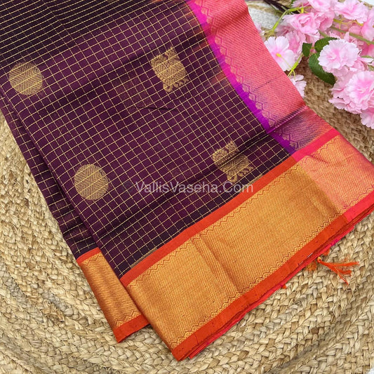 Pure Silk Cotton Saree - Mayil & Chakkaram Design - Brown With Pink Shade - VVMC001