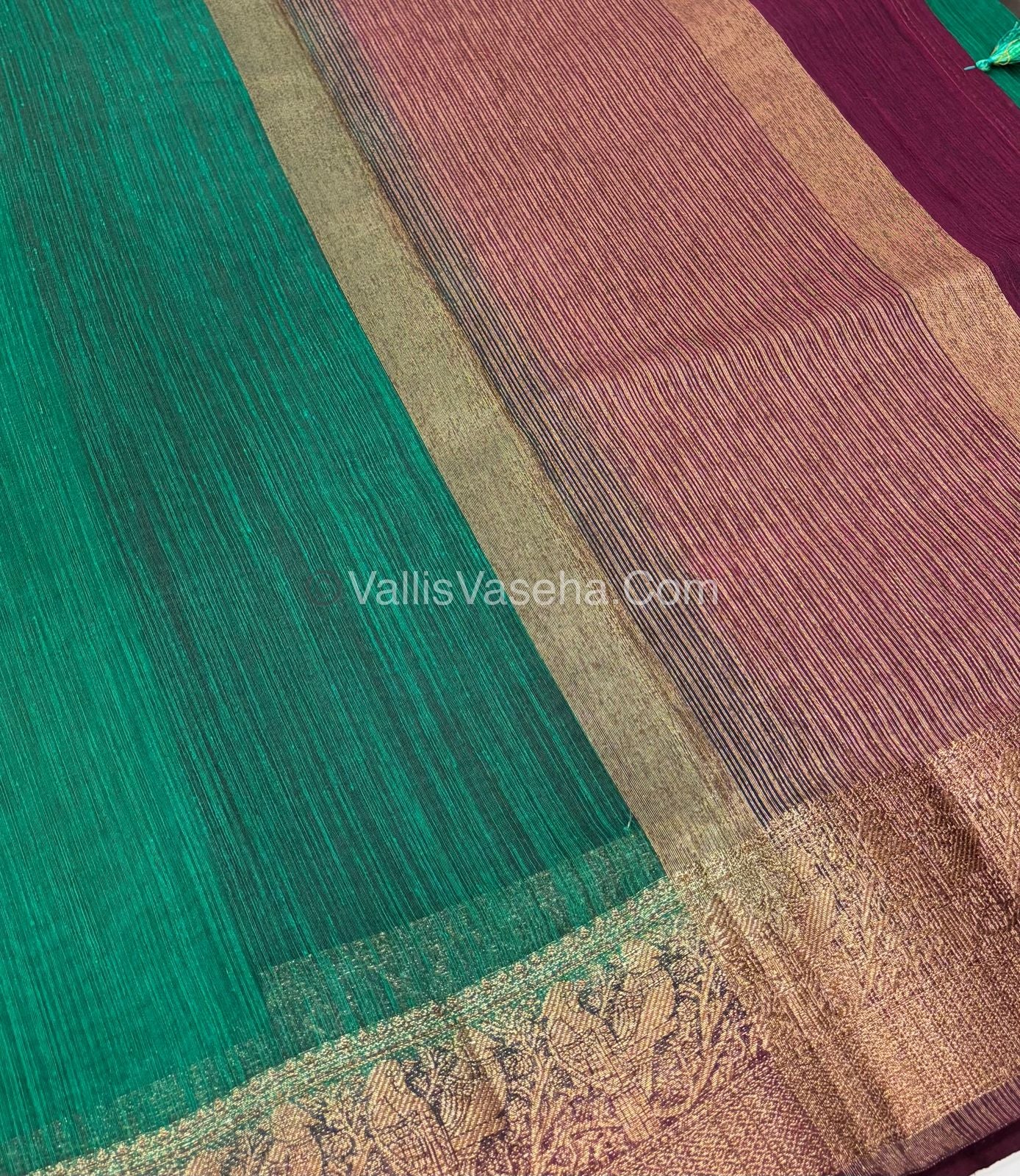Bamboo Silk Saree - Green With Wine Shade - VVBSS005