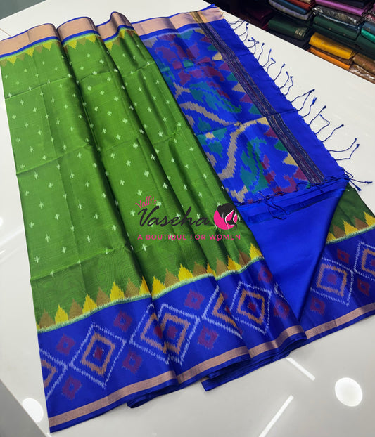 Pure Soft Silk Saree  - Pochampally Weaving - Green & Blue Combo - VVPSS110