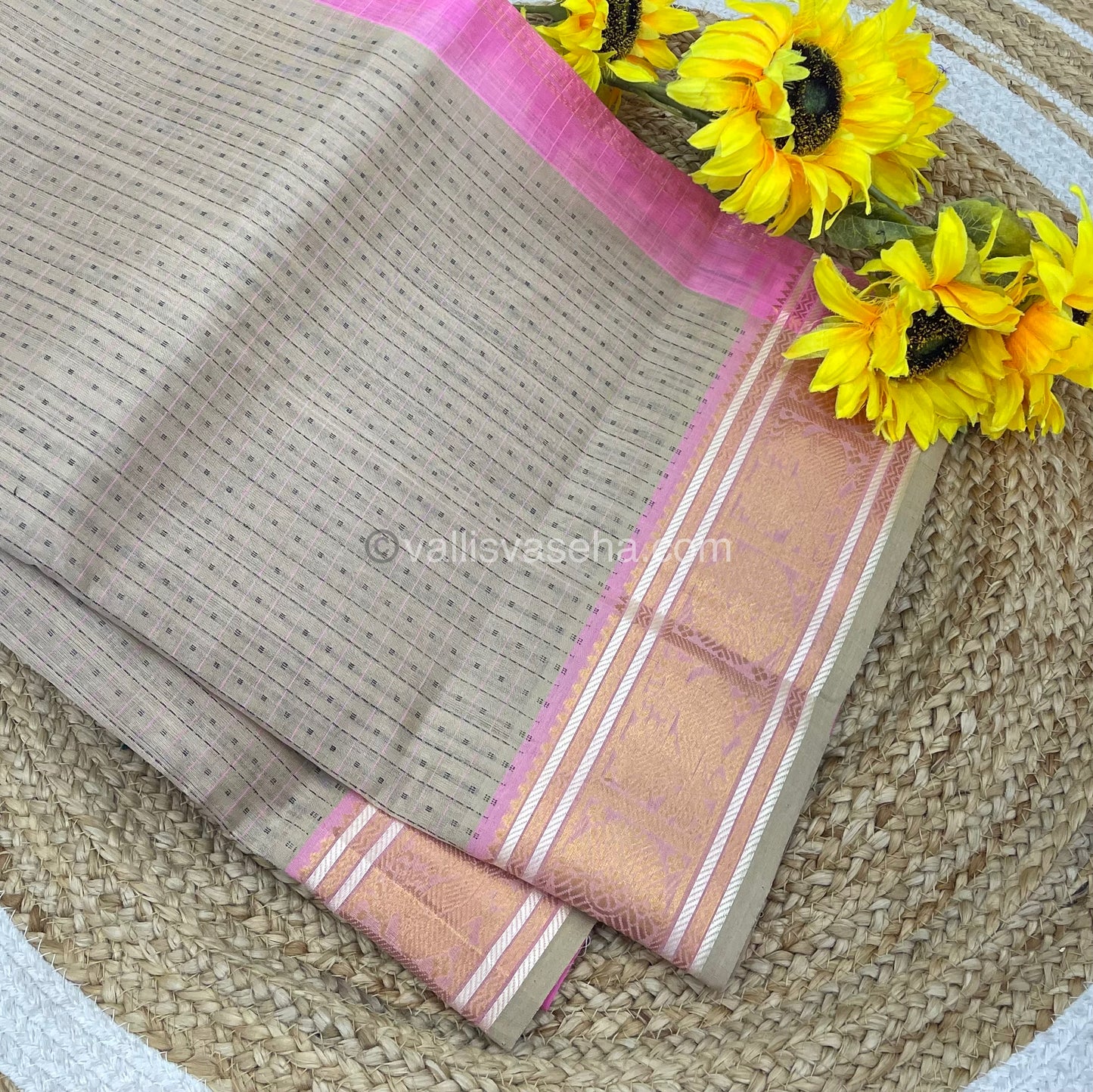 Pure Silk Cotton Saree - Cream With Pink Shade - Lakshadeepam Design - VVPLD001