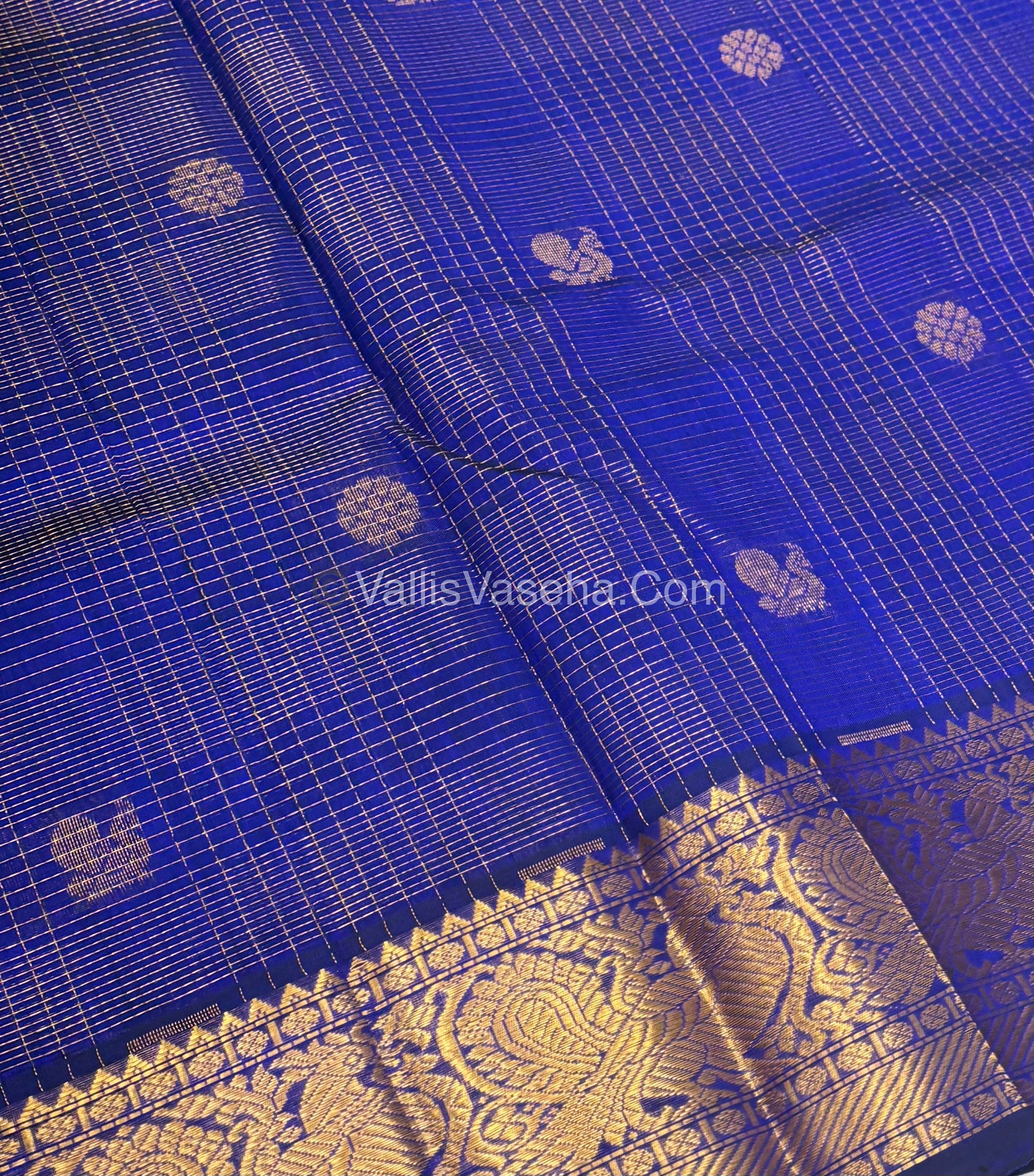Pure Silk Cotton Saree - Vairavoosi checks - Mayil & Chakkaram - Blue Shade - VVMCV001