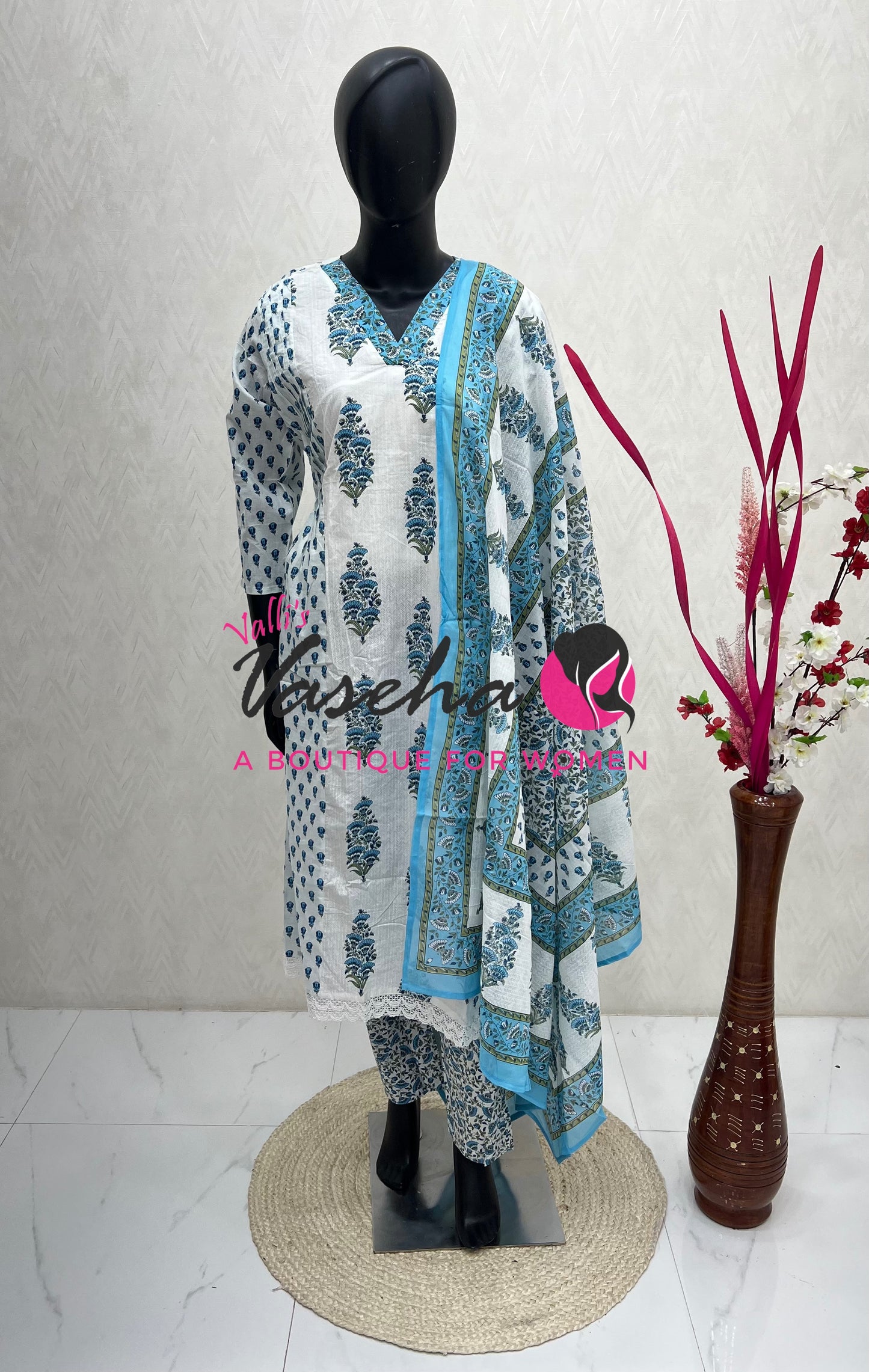 Ready Made | Anarkali |Salwar, Kameez & Duppatta(3pc)|Cotton |White & Blue - VVAS010