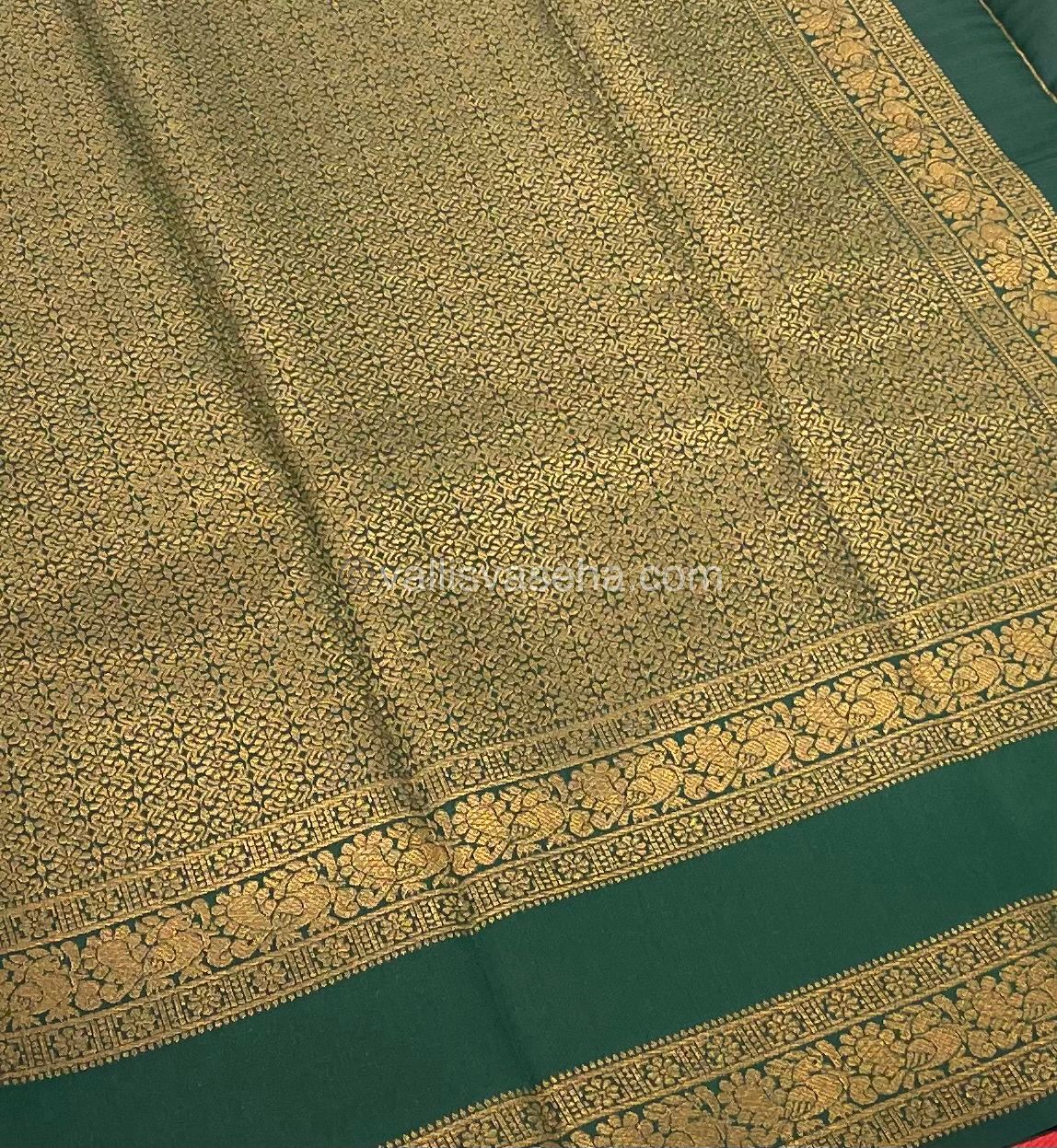 Kanchi Semi Silk - Red with Green - Mayil & Chakkaram design - VVKSS001