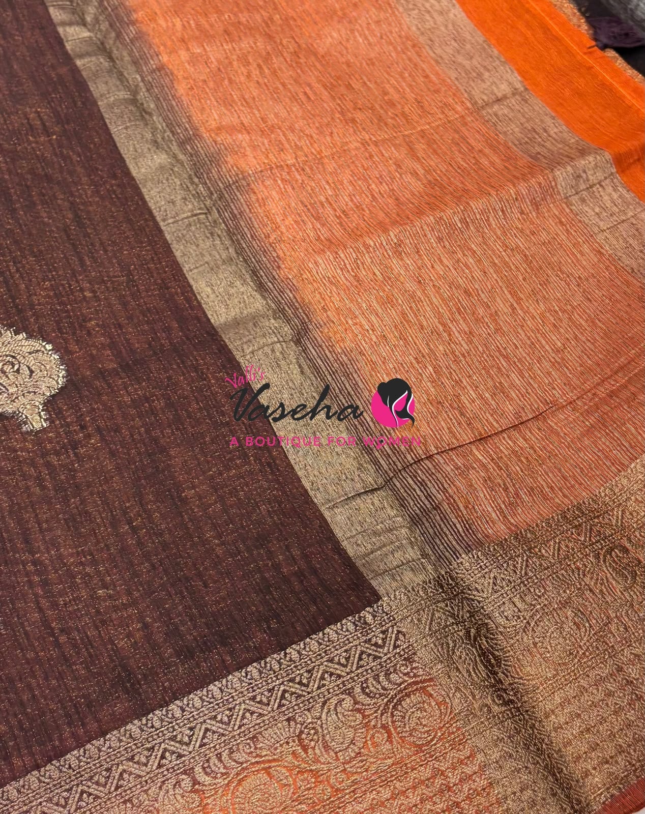 Bamboo Silk Saree - Brown With Rust Orange  - VVBSS019