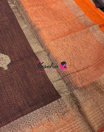 Bamboo Silk Saree - Brown With Rust Orange  - VVBSS019