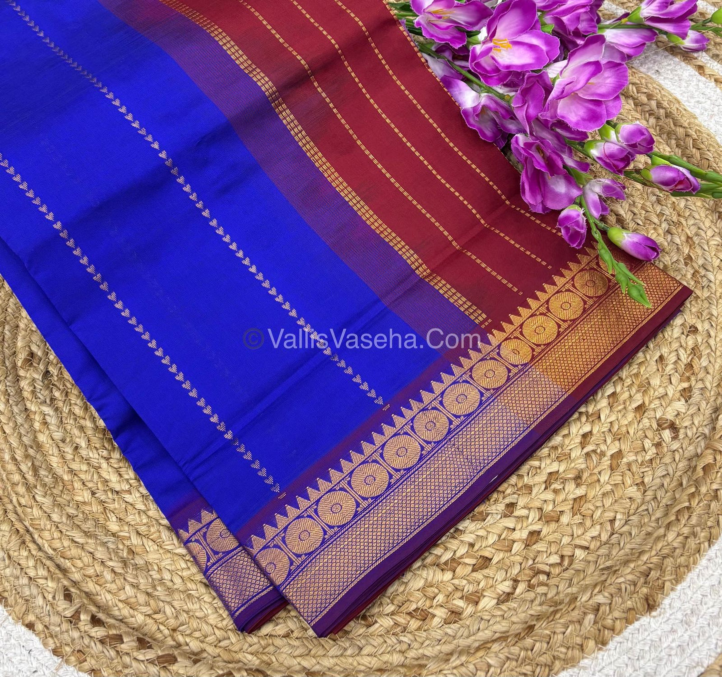 Semi Silk Cotton Saree - Blue With Red Shade - VVSSC005