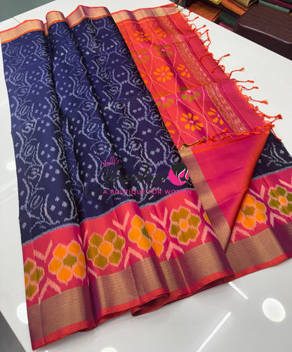 Pure Soft Silk Saree  - Pochampally Design - Navy Blue & Peach Combo - VVPSS110
