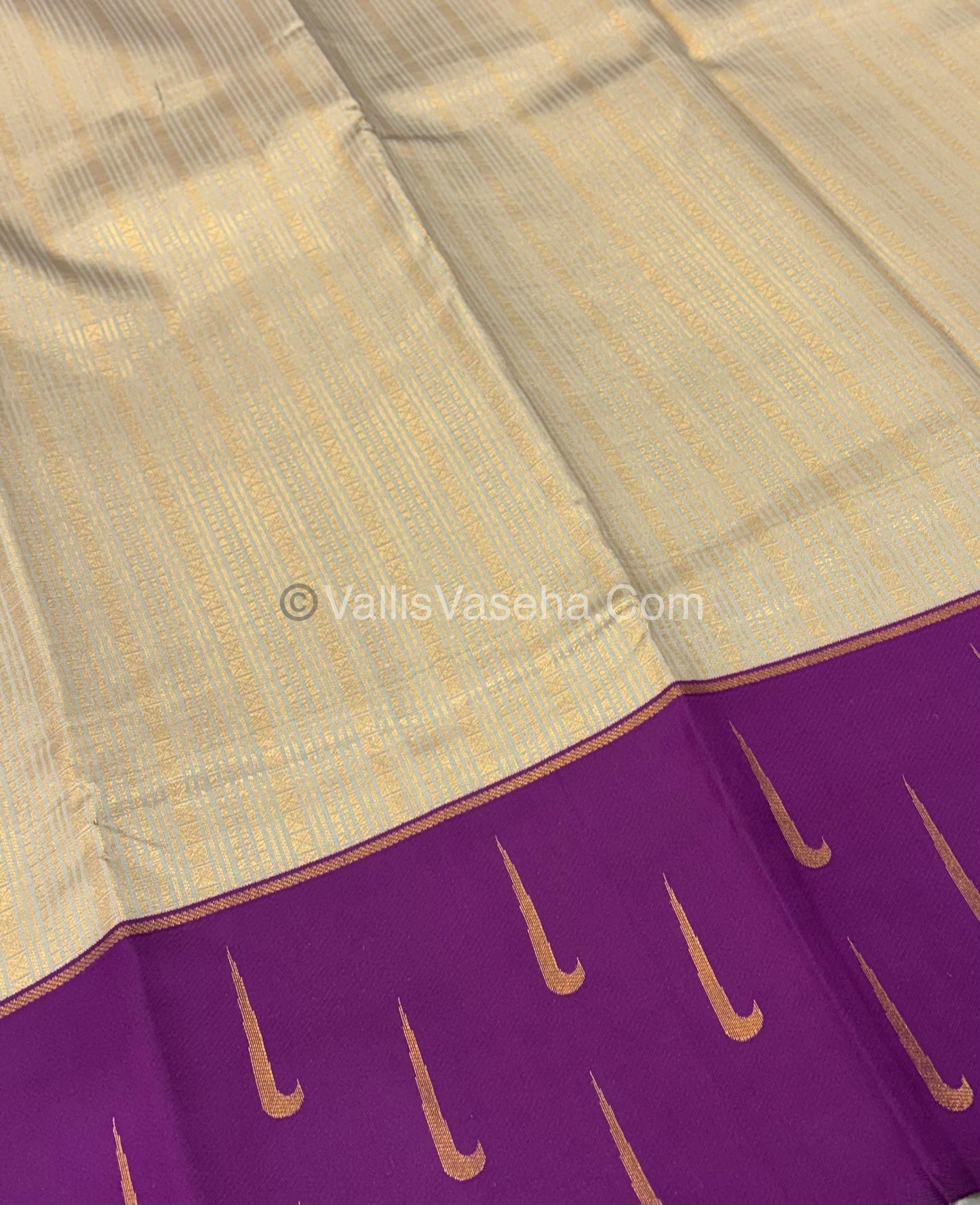 Kanchi Semi Silk With Tassels - Creamish Grey with Purple - VVKSS004