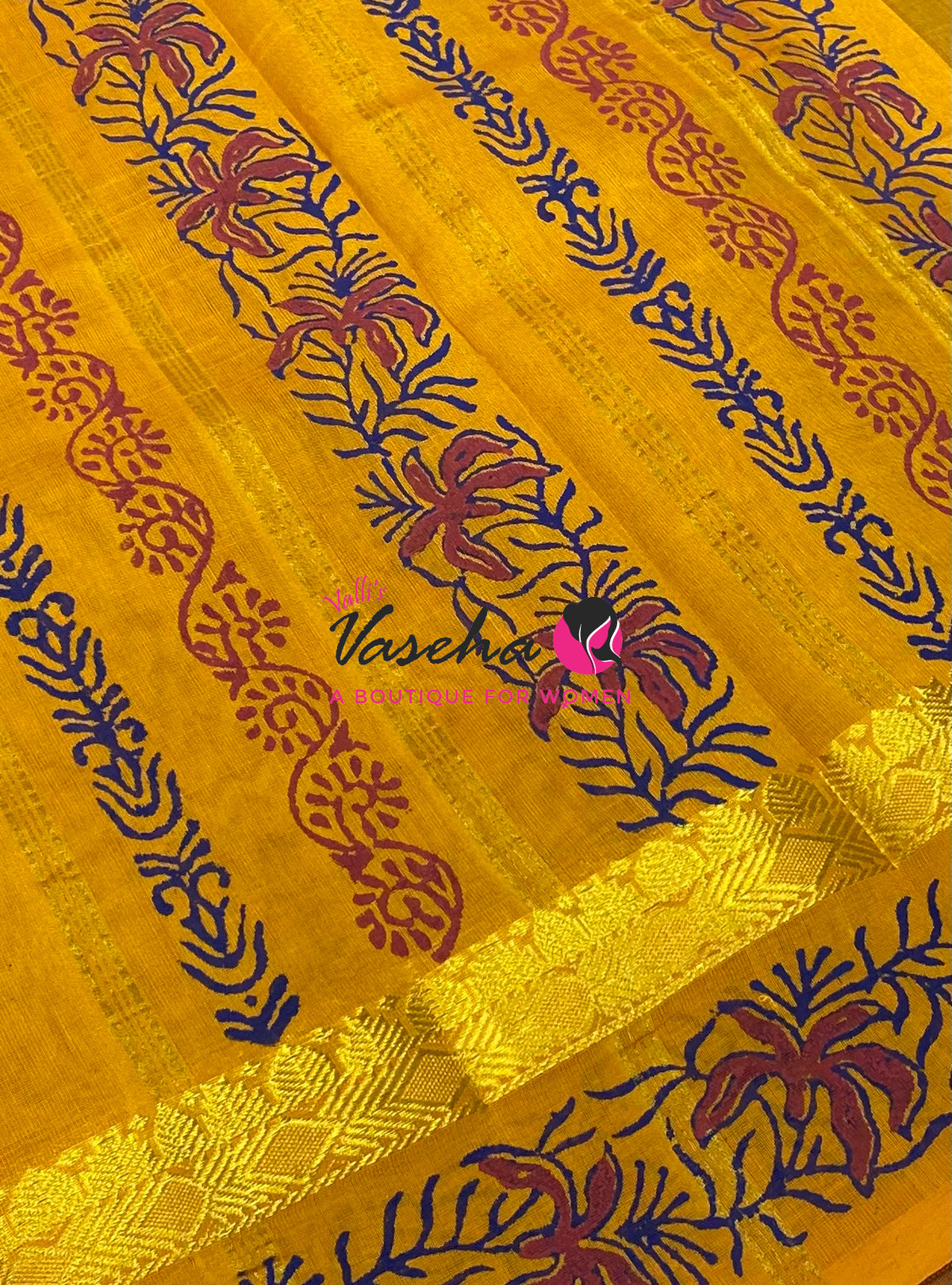 Pure Printed Silk Cotton Sarees - Blue with Yellow   - VVPSC004