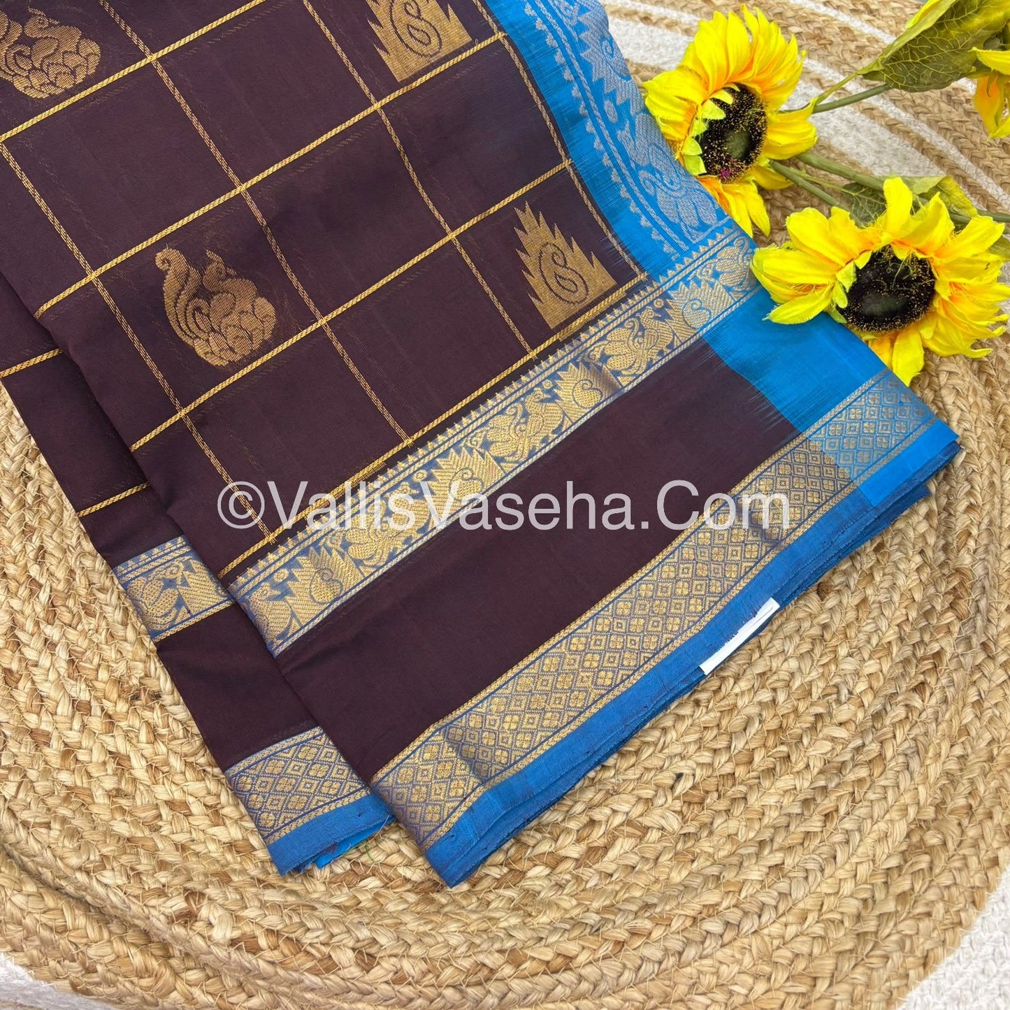 Pure Silk Cotton Saree - Brown with Blue- VVPSC012