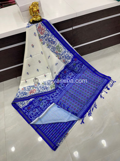 Semi Tussar / Semi Chappa Silk | Elephant Design | - Cream & Blue Combo - VVSTS01